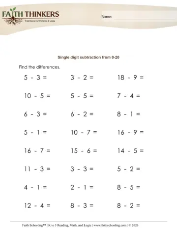 Subtraction One-Digit From 20 (Practice Set 1)