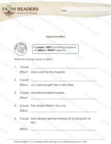 Kindergarten reading comprehension worksheet — Cause and Effect (Practice Set 6)