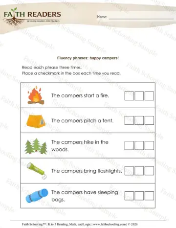Kindergarten reading comprehension worksheet — Fluency Phrases (Practice Set 7)