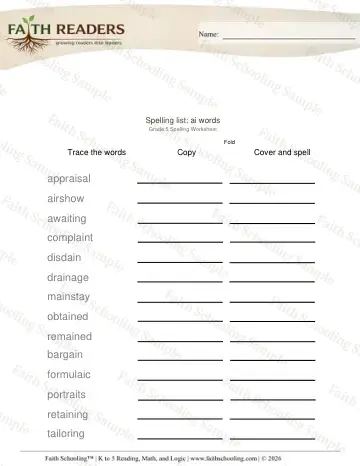 5th Grade phonics worksheet — Spelling List Ai Words