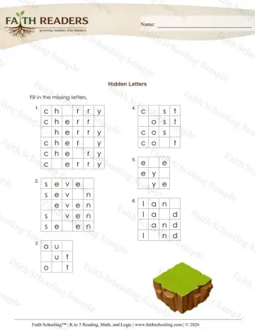 1st Grade phonics worksheet — Hidden Letters (Practice Set 3)