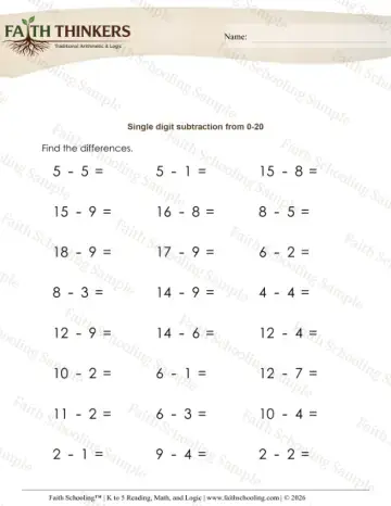 Kindergarten early learning worksheet — Subtraction One-Digit From 20 (Practice Set 2)