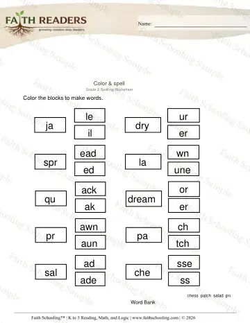 2nd Grade phonics worksheet — Color Spell Words (Practice Set 3)