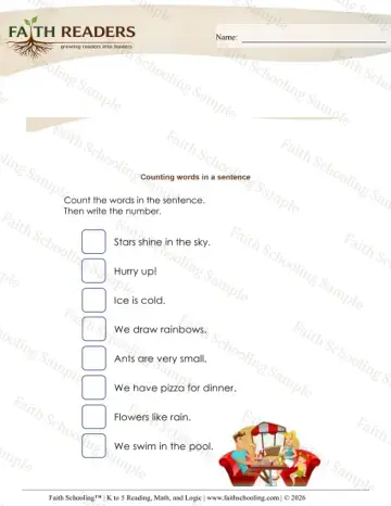 Kindergarten grammar & writing worksheet — Sentences. Counting Words Sentence (Practice Set 4)