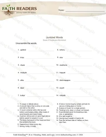 4th Grade phonics worksheet — Word Building & Unscramble. Jumbled Words (Practice Set 3)