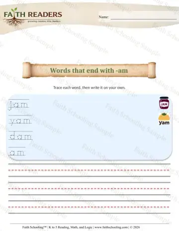 Kindergarten phonics worksheet — Spelling and Encoding. K Phonics Trace Write 6 Words That End With Am