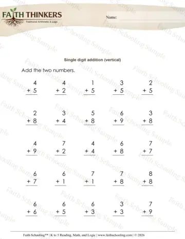 Kindergarten early learning worksheet — Addition Facts and Drills. Addition of Two One-Digit Numbers (Practice Set 7)