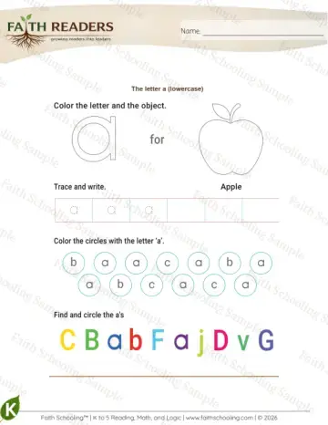 Kindergarten phonics worksheet — Lowercase Letter a (Practice Set 3)
