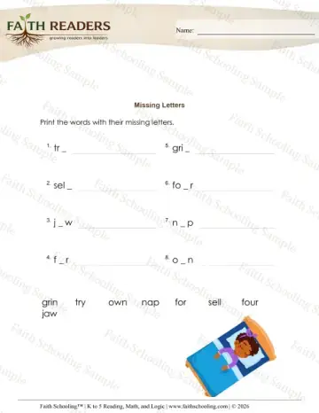 1st Grade phonics worksheet — Spelling Practice. Missing Letters (Practice Set 6)