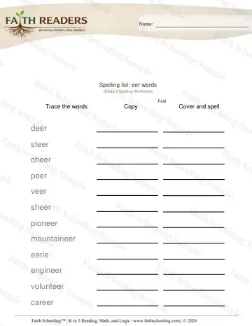 3rd Grade phonics worksheet — Spelling List Eer Words