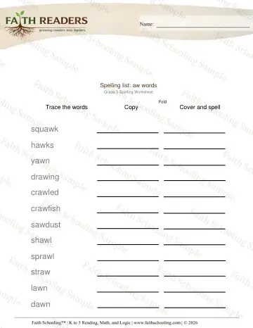 3rd Grade phonics worksheet — Spelling List Aw Words