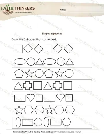 Kindergarten math worksheet — Logic and Patterns. Pattern Shapes (Practice Set 3)