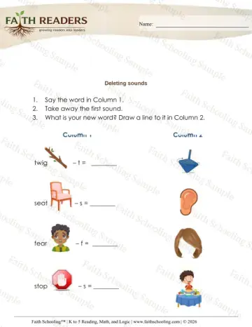 Kindergarten phonics worksheet — Phonemic Awareness. Phoneme Deletion (Practice Set 4)