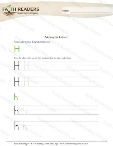 Kindergarten phonics worksheet — Letter Tracing and Printing. Printing Letters H