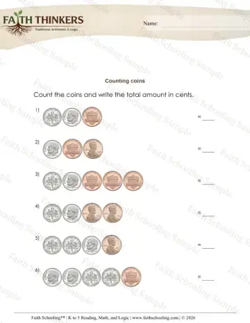 Kindergarten early learning worksheet — Counting Small Coins (Practice Set 3)