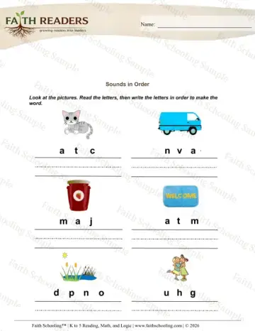 Kindergarten phonics worksheet — Spelling and Encoding. Jumbled Letters (Practice Set 2)