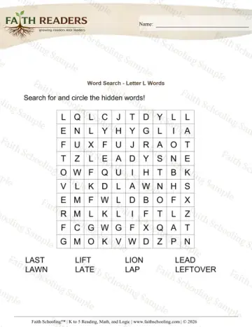 Kindergarten vocabulary & word study worksheet — Word Search Letter L