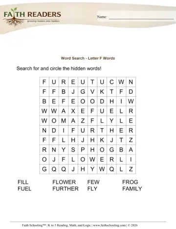 Word Search Letter F