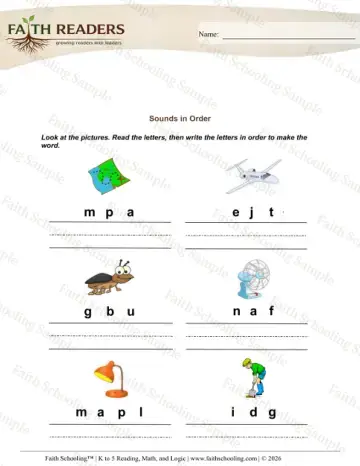 Kindergarten phonics worksheet — Spelling and Encoding. Jumbled Letters (Practice Set 3)