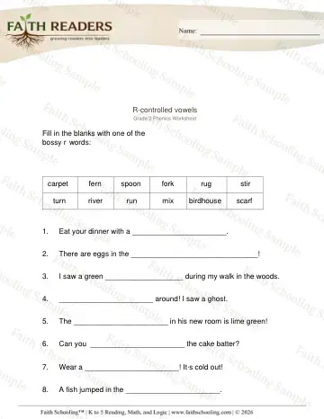 2nd Grade phonics worksheet — Vowel Sounds. R Controlled Vowels Yeg (Practice Set 1)