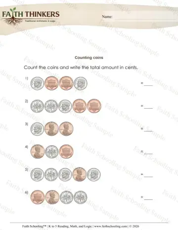 Kindergarten early learning worksheet — Counting Small Coins (Practice Set 4)