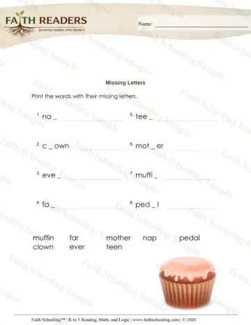 1st Grade phonics worksheet — Spelling Practice. Missing Letters (Practice Set 5)