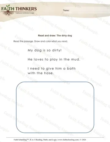 Kindergarten reading comprehension worksheet — Read and Draw (Practice Set 2)