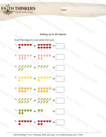 Kindergarten early learning worksheet — Adding with Pictures and Objects. Adding Pictures Sums to 20 3