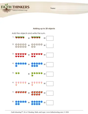 Kindergarten Early Learning / Preschool / Kindergarten Readiness: Adding With Pictures And Objects — worksheet preview