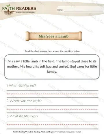 Kindergarten reading comprehension worksheet — Reading Passages. K Comprehension Reading Comprehension 7 Mia Sees a Lamb