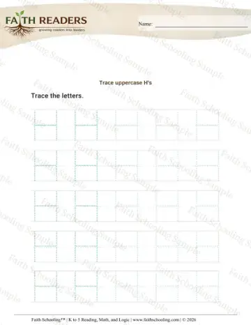 Kindergarten phonics worksheet — Tracing Uppercase Letters H (Practice Set 2)
