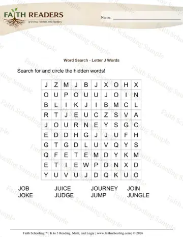Kindergarten vocabulary & word study worksheet — Word Search Letter J