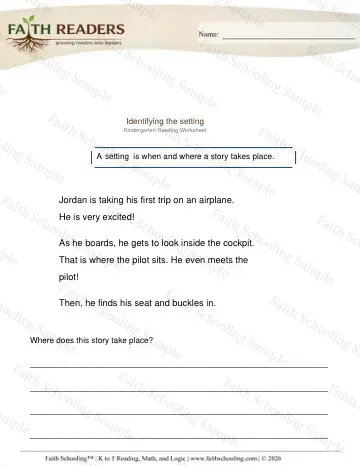 Kindergarten reading comprehension worksheet — Story Elements. Settings (Practice Set 3)