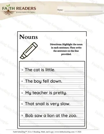 Kindergarten grammar & writing worksheet — Grammar Nouns (Practice Set 7)