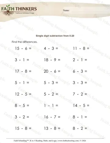 Kindergarten early learning worksheet — Subtraction One-Digit From 20 (Practice Set 3)