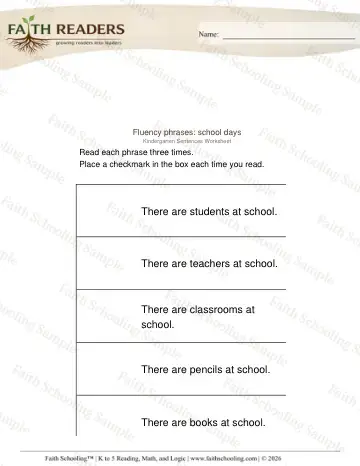 Kindergarten reading comprehension worksheet — Fluency Phrases (Practice Set 4)