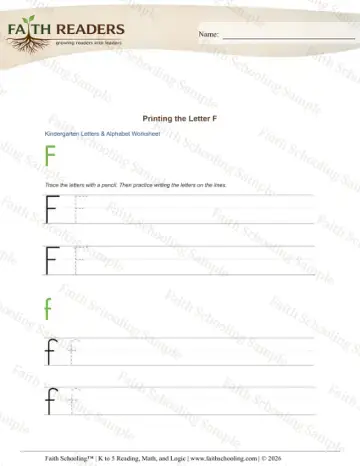 Kindergarten phonics worksheet — Letter Tracing and Printing. Printing Letters F