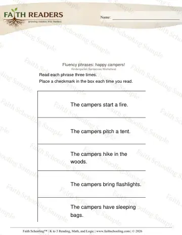 Kindergarten reading comprehension worksheet — Fluency Phrases (Practice Set 6)