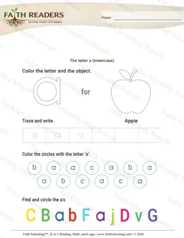 Kindergarten phonics worksheet — Lowercase Letter a (Practice Set 2)