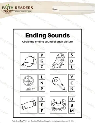 Kindergarten phonics worksheet — Beginning, Middle, and Ending Sounds. Ending Sounds Circle the Letter (Practice Set 5)