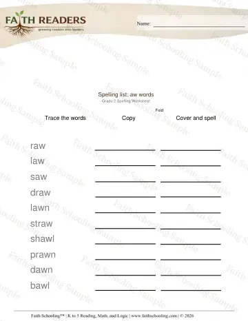 2nd Grade phonics worksheet — Spelling List Aw Words