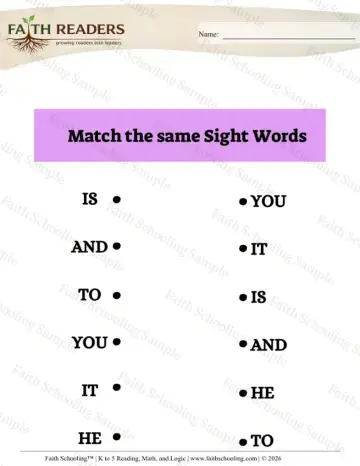 Kindergarten phonics worksheet — Sight Word Matching (Practice Set 2)