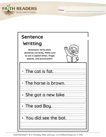 Kindergarten Grammar & Writing: Sentence Writing — worksheet preview