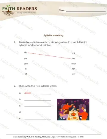 3rd Grade phonics worksheet — Syllables Matching (Practice Set 3)