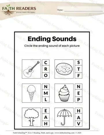 Kindergarten phonics worksheet — Beginning, Middle, and Ending Sounds. Ending Sounds Circle the Letter (Practice Set 4)