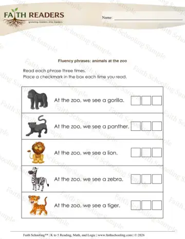 Kindergarten reading comprehension worksheet — Fluency Phrases (Practice Set 3)