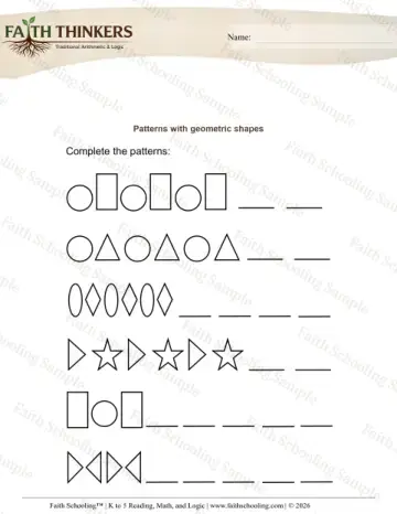 Kindergarten math worksheet — Logic and Patterns. Patterns Shapes (Practice Set 1)