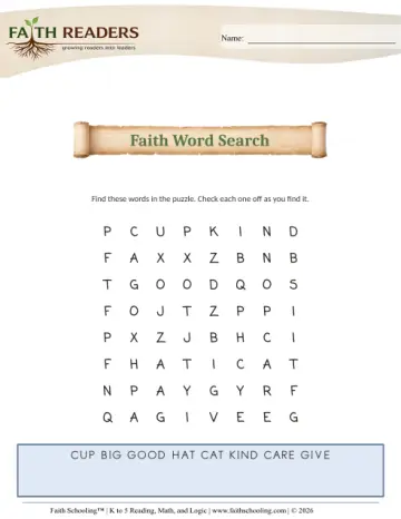 Kindergarten Phonics, Decoding & Spelling Patterns: Faith Word Searches — worksheet preview