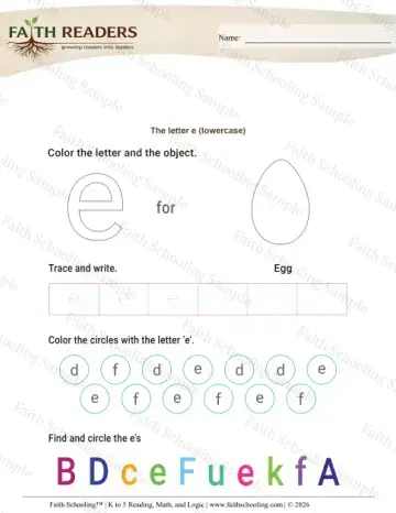 Kindergarten phonics worksheet — Lowercase Letter E (Practice Set 2)