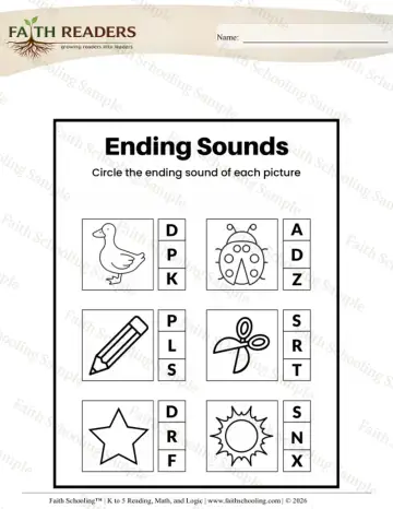 Kindergarten phonics worksheet — Beginning, Middle, and Ending Sounds. Ending Sounds Circle the Letter (Practice Set 3)